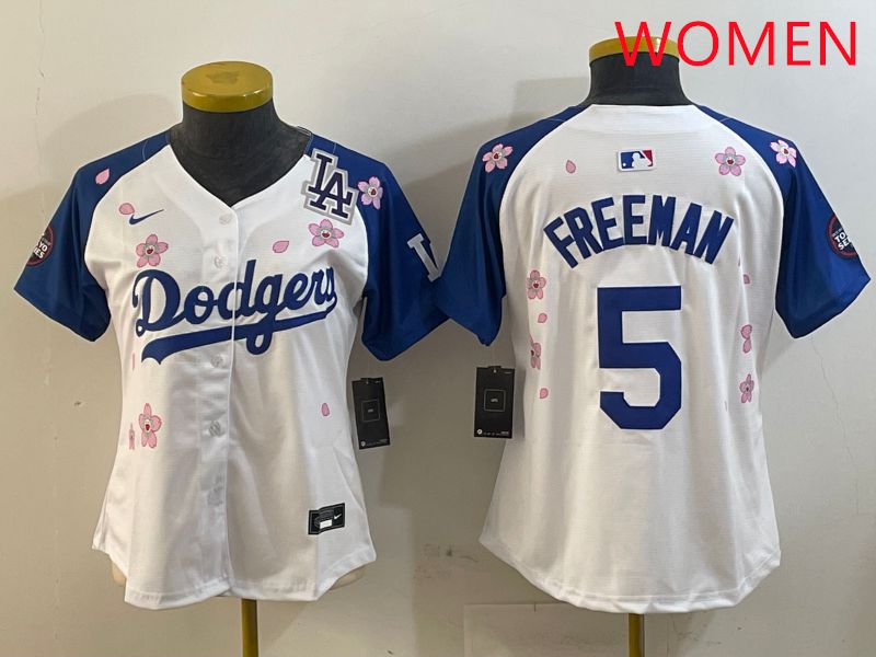 Women Los Angeles Dodgers #5 Freeman White Blue Sakura Edition 2025 Nike MLB Jersey style 5->women mlb jersey->Women Jersey